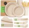 Compostable Paper Plates Set 250pcs Disposable Sugarcane Plates Utensils Eco-Friendly Plate, Cutlery, Napkins, Straws and Cups for Party 25 People